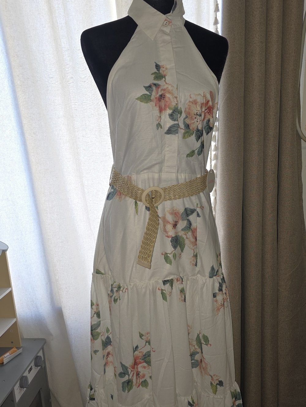 Luxxel White Floral Halter Maxi Dress with Pink & Green Accents - Picture 2 of 5